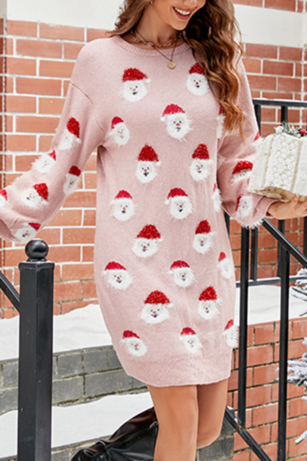 Svijetloružičasta mutna božićna džemper haljina Djeda Mraza