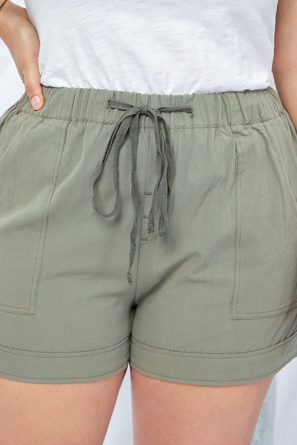 Green Elastic Waist Drawstring Pocket Shorts