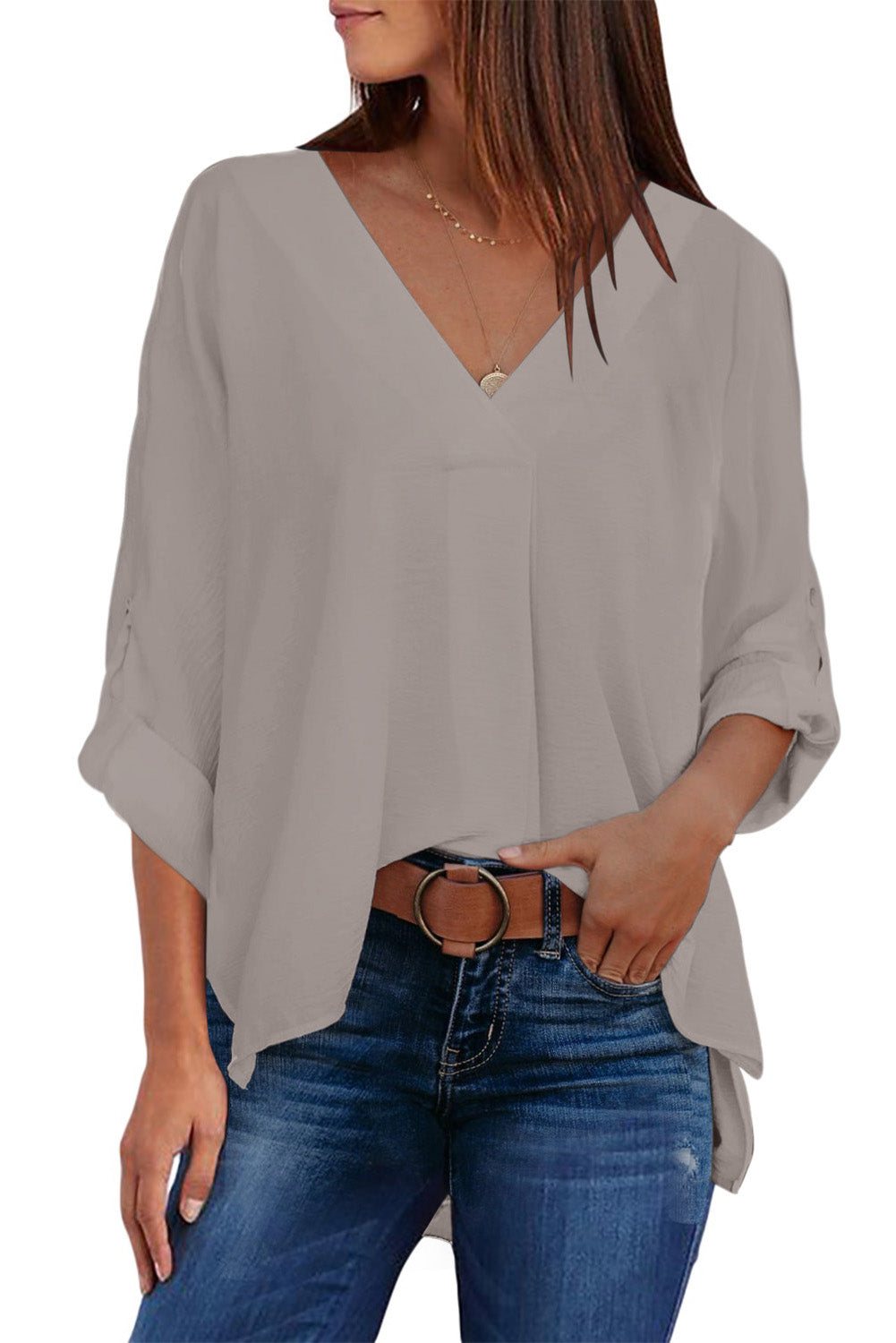 Blue V Neck 3/4 Sleeve High Low Hem Shirt