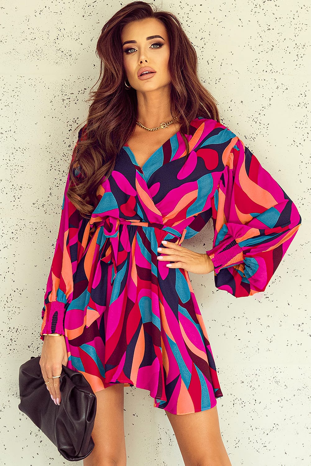 Fiery Red Abstract Printed Belted Puff Sleeve Mini Dress