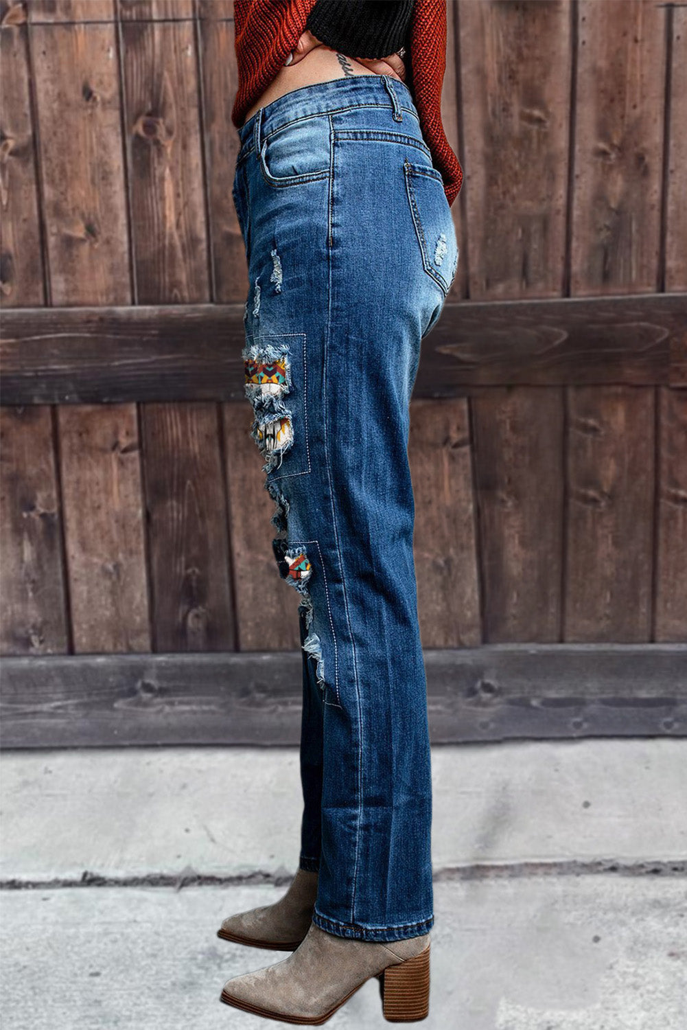Patchwork-Jeans im Used-Look mit hohem Bund und Westernmuster