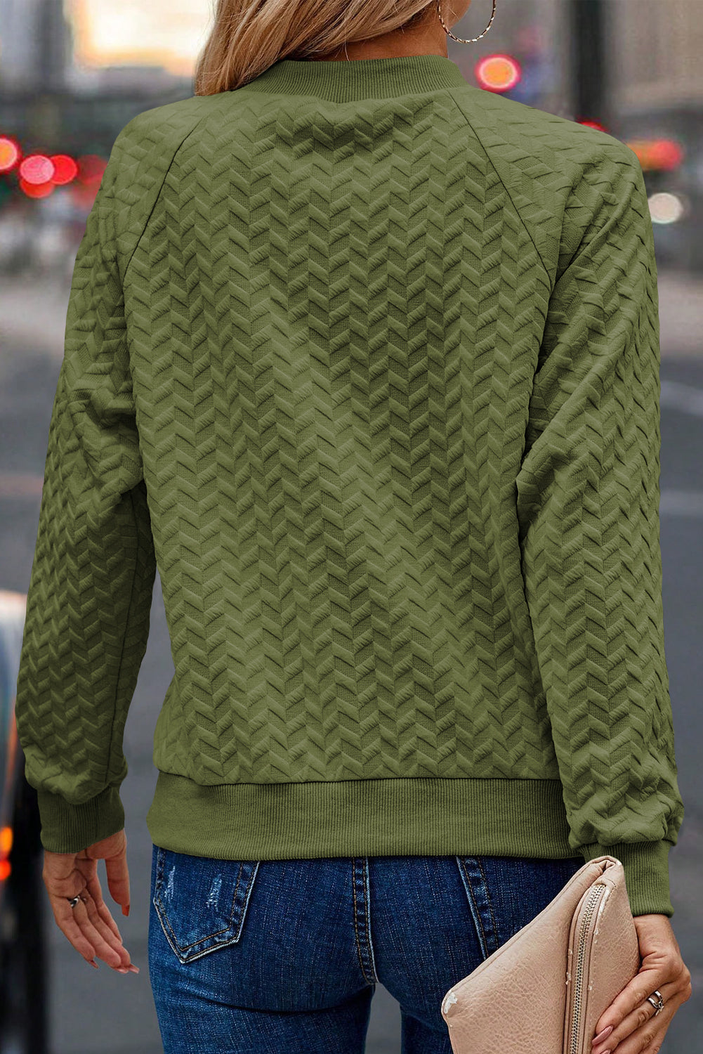 Sweat-shirt à manches raglan texturé uni vert jungle