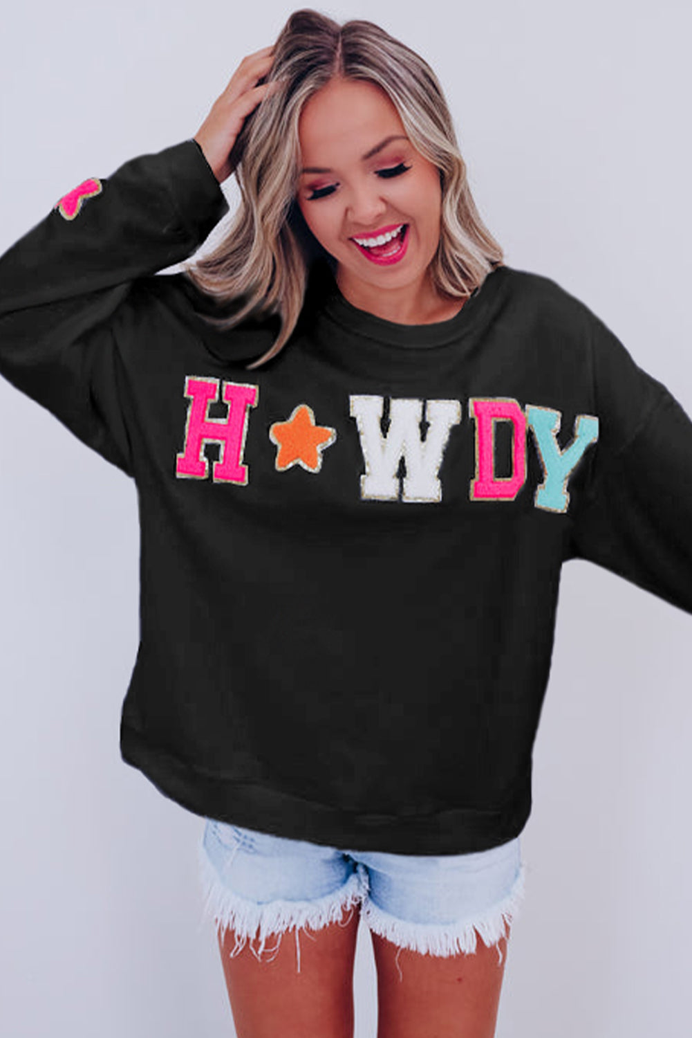 Black Howdy Glitter Chenille Patch Graphic Casual Sweatshirt