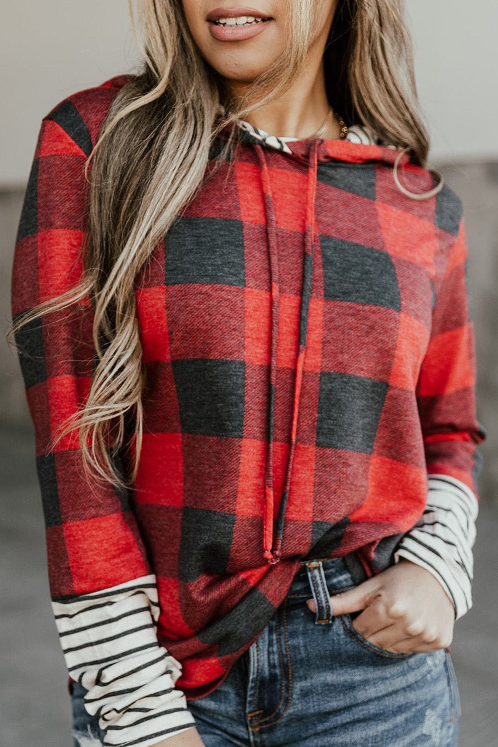 Fiery Red Christmas Plaid Striped Patchwork Drawstring Hoodie