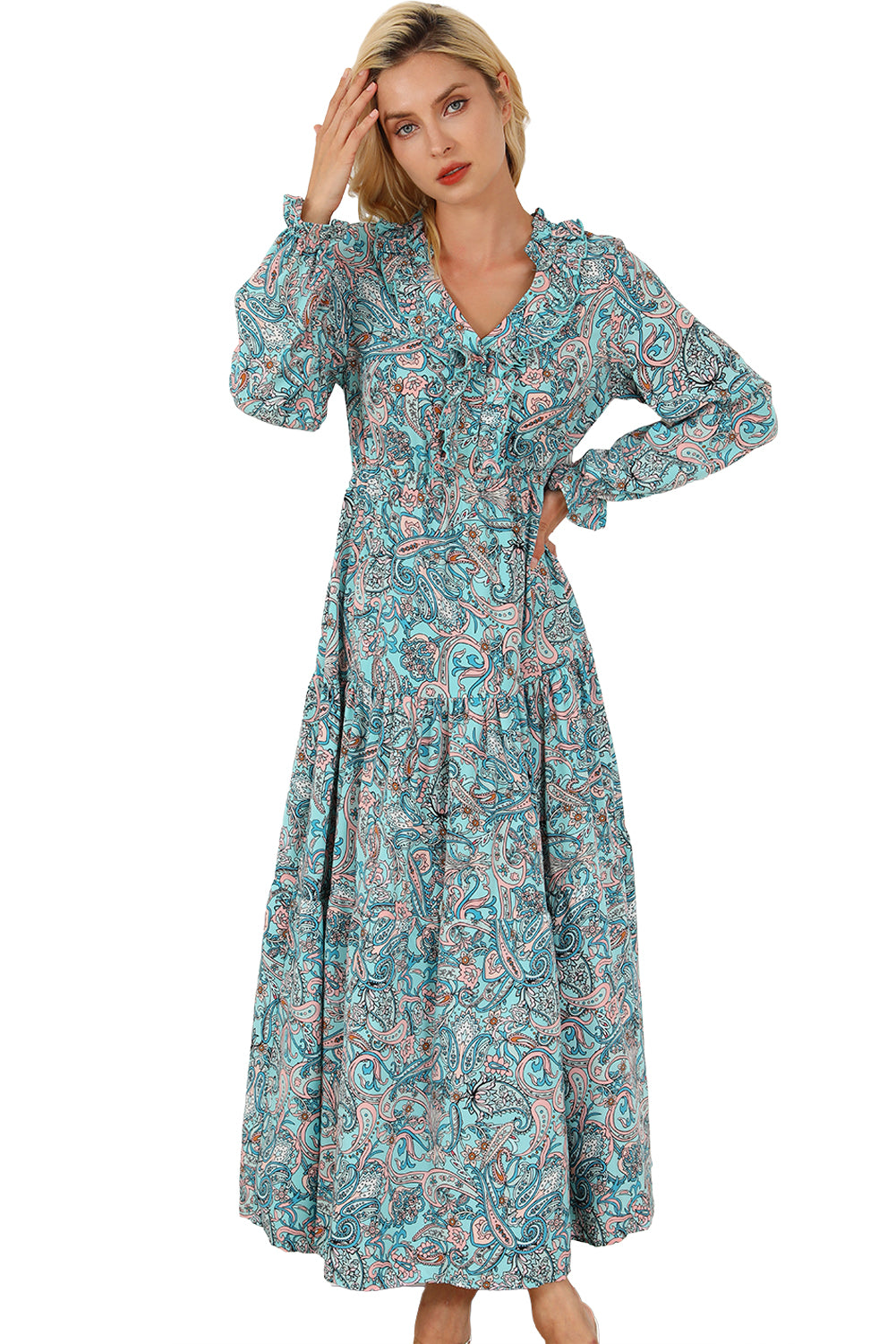 Sky Blue Bohemian Paisley Print Long Sleeve Tiered Maxi Dress