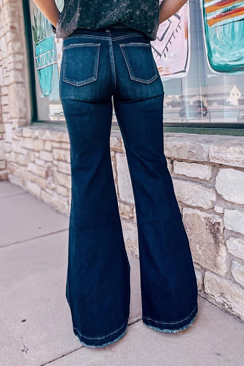 Echte blaugrüne, zerrissene Bell-Bottom-Jeans mit hohem Bund