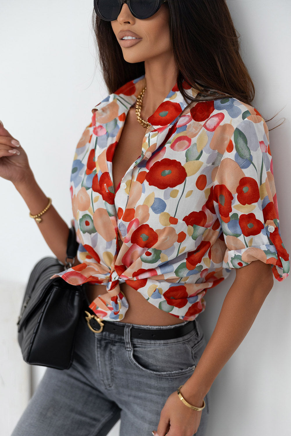 Camicia con maniche a bracciale con stampa floreale multicolor