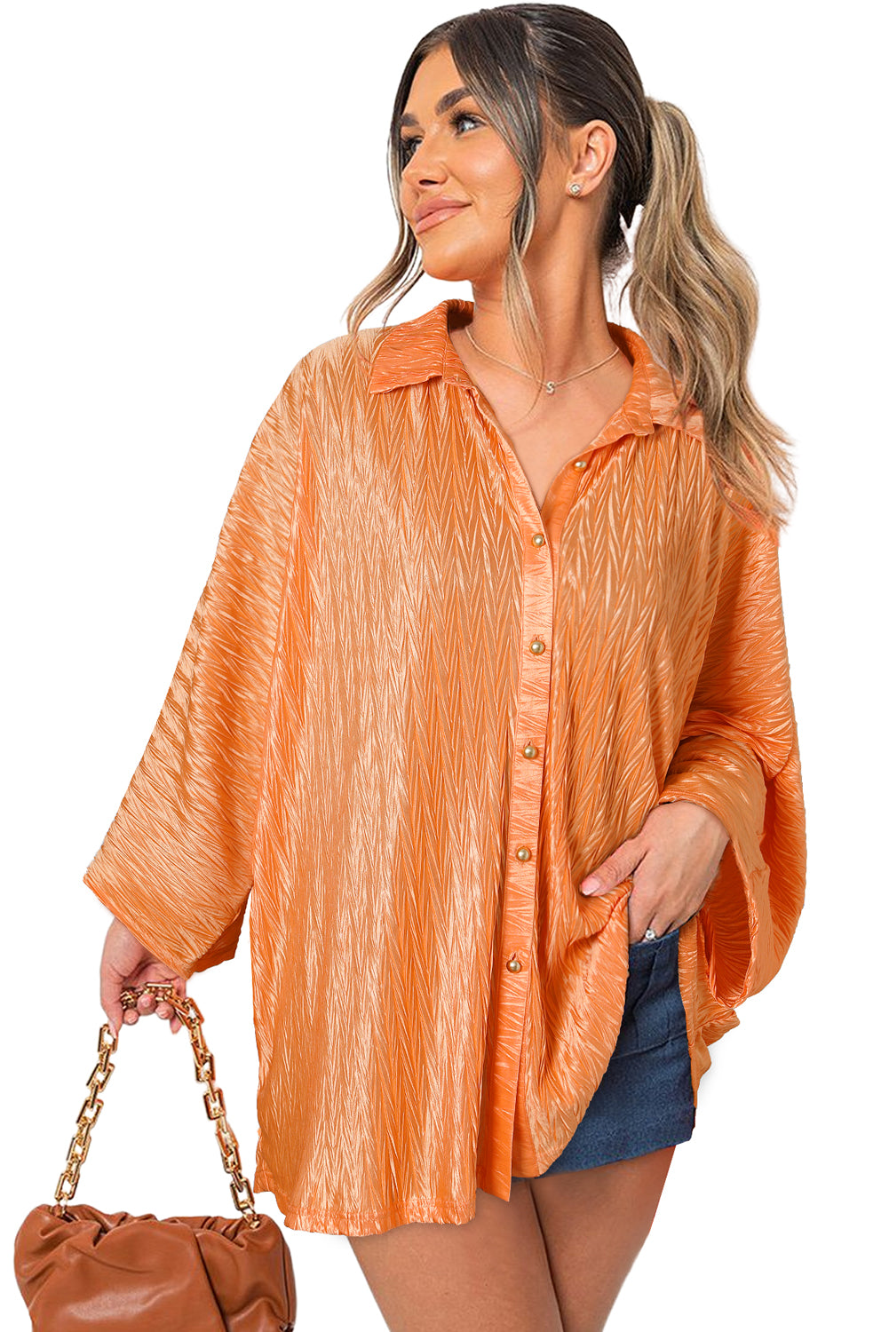 Grenivkino oranžna enobarvna nagubana srajca z gumbi s širokimi rokavi