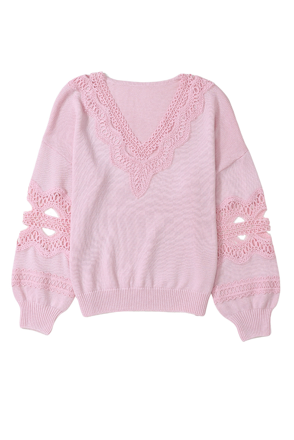 Rožnat ohlapen pulover z vdolbljenim čipkastim v izrezom