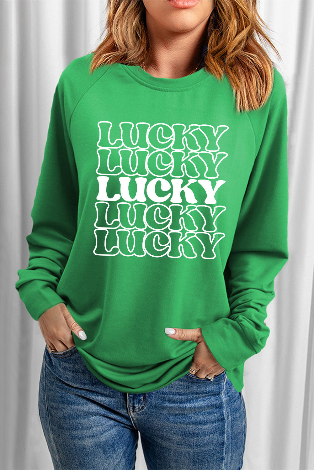 Green Lucky Letter Print Crewneck Long Sleeve Sweatshirt