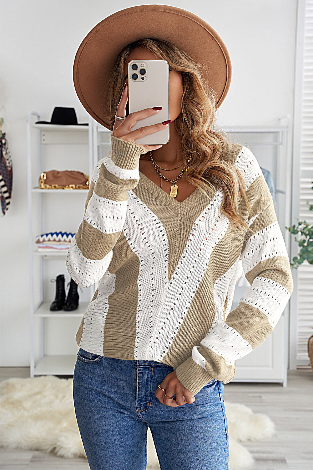 Gray Striped Colorblock V Neck Knitted Sweater
