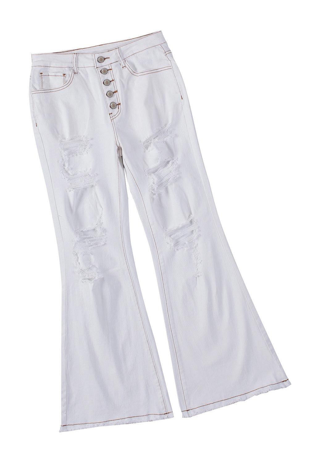 Bijele, svijetlo isprane traperice s lepršavim letvicama s prorezima i gumbima