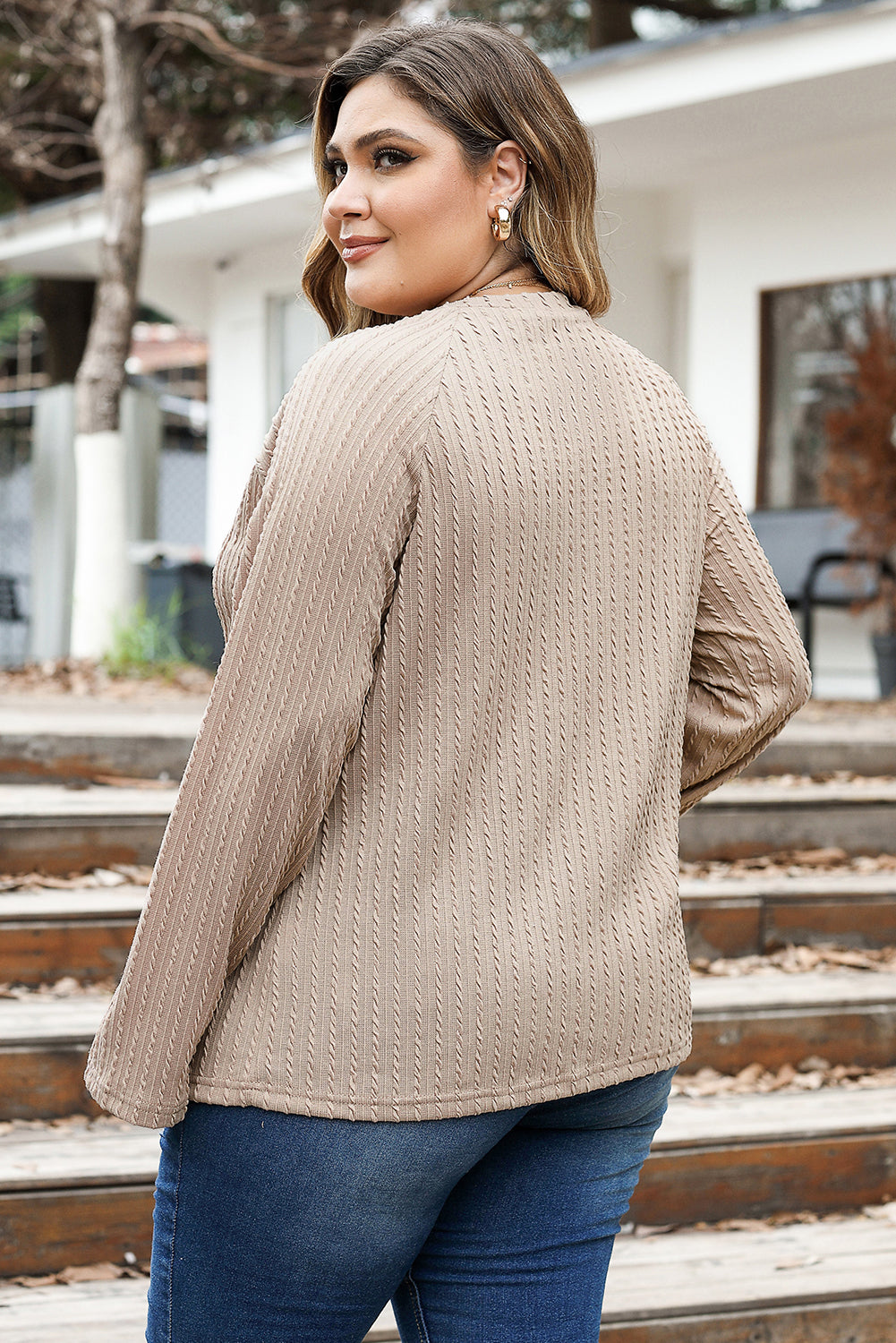 Camel Plus Size Crew Neck Ribbed Knit Top
