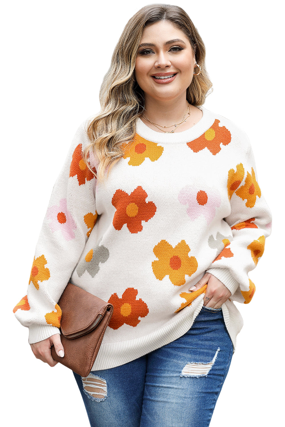 Bijeli ležerni pulover s rebrastim obrubom veće veličine s cvjetnim uzorkom