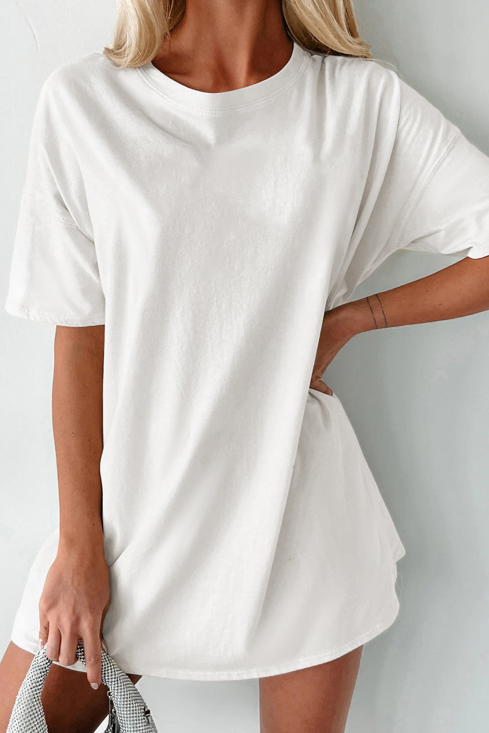 T-shirt tunique basique blanc à col rond de couleur unie