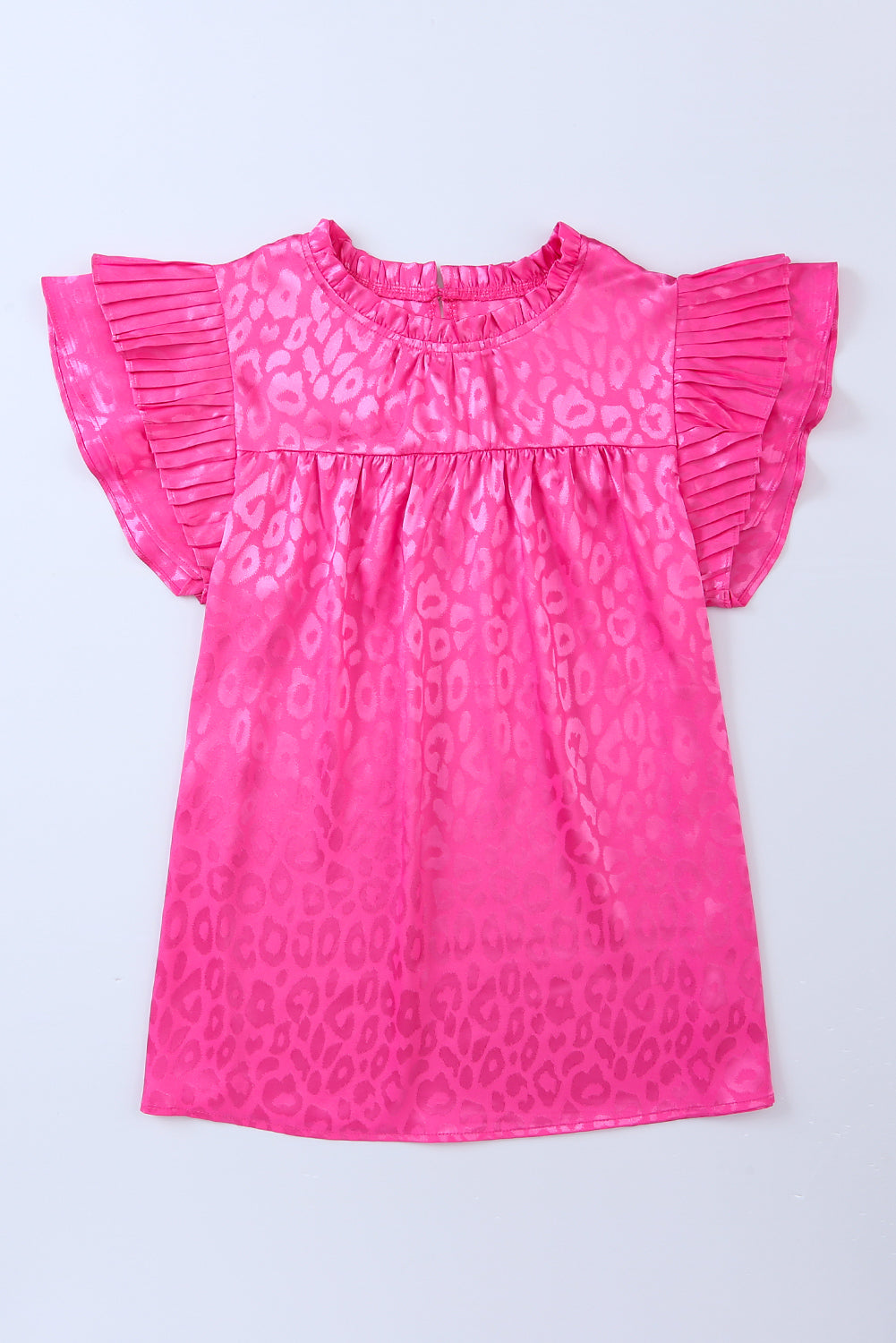 Rose Leopard Print Pleated Tiered Ruffled Sleeve Blouse