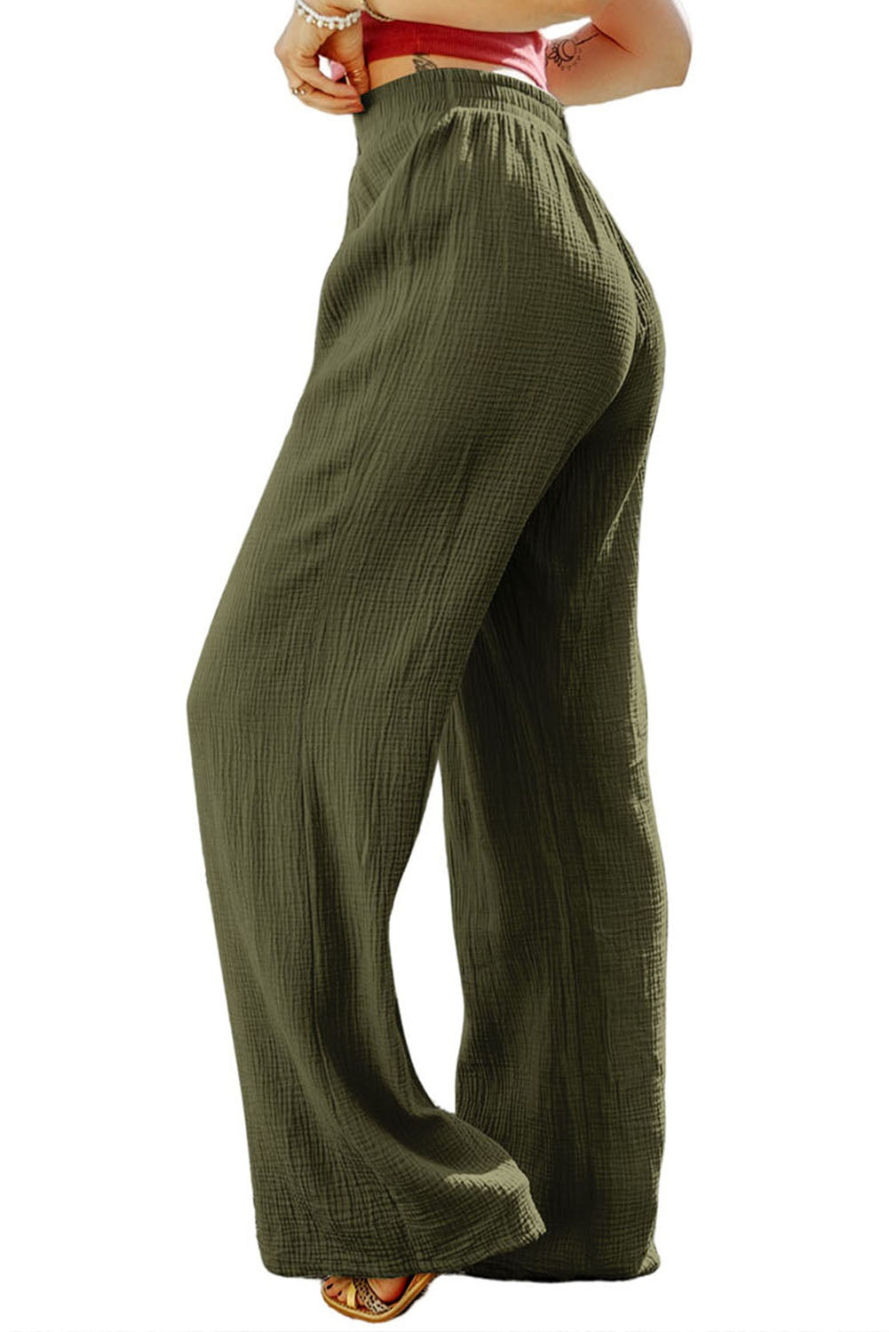 Zelene hlače širokih nogavica s naboranom teksturom