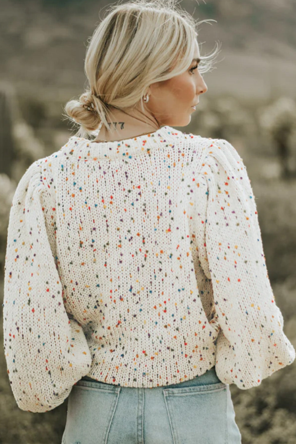 Light French Beige Colorful Dots Cable Knit Crew Neck Sweater