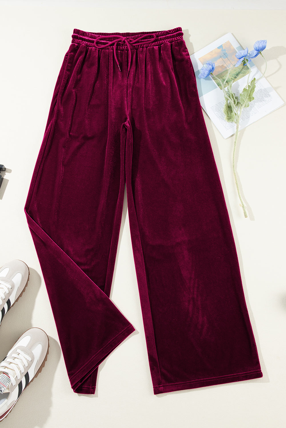 Pantalon large bordeaux uni à taille avec cordon de serrage