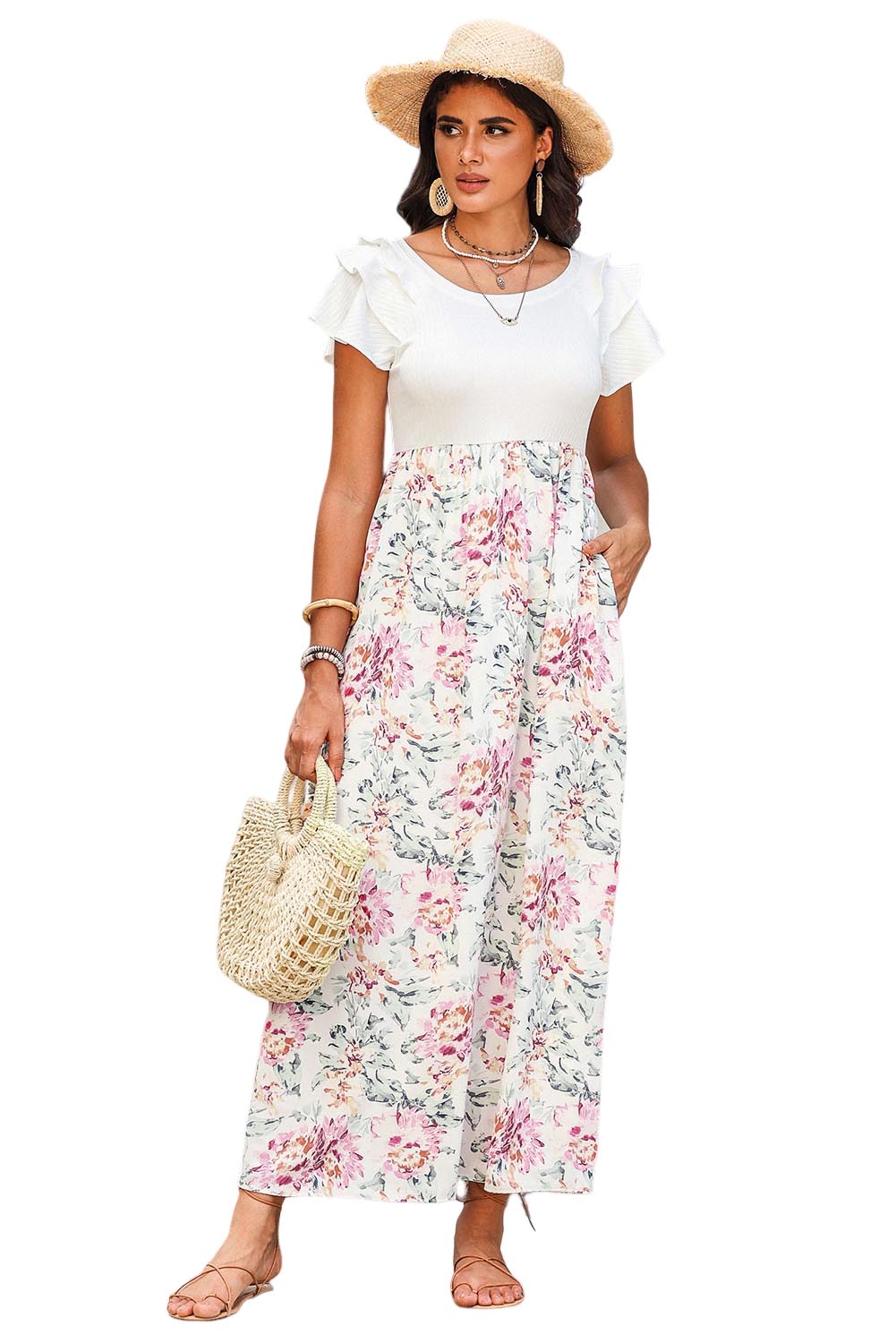 White Floral Patchwork Ribbed Maxi Dress with Pockets