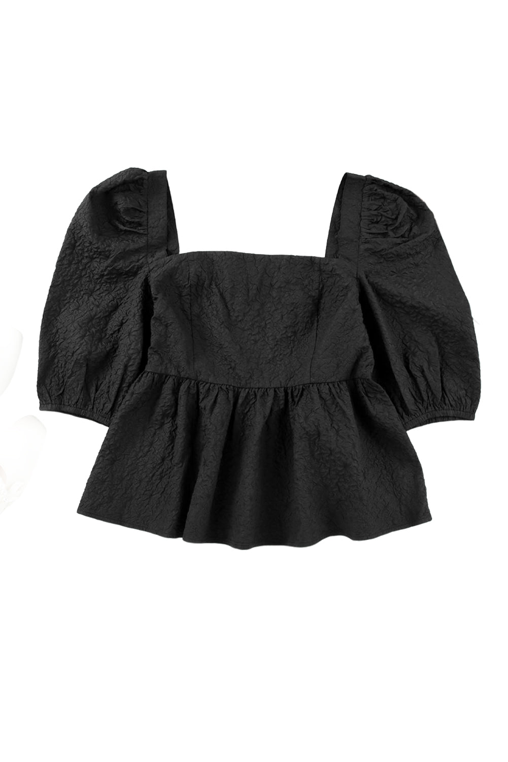 Crna bluza s peplumom i puf rukavima četvrtastog izreza