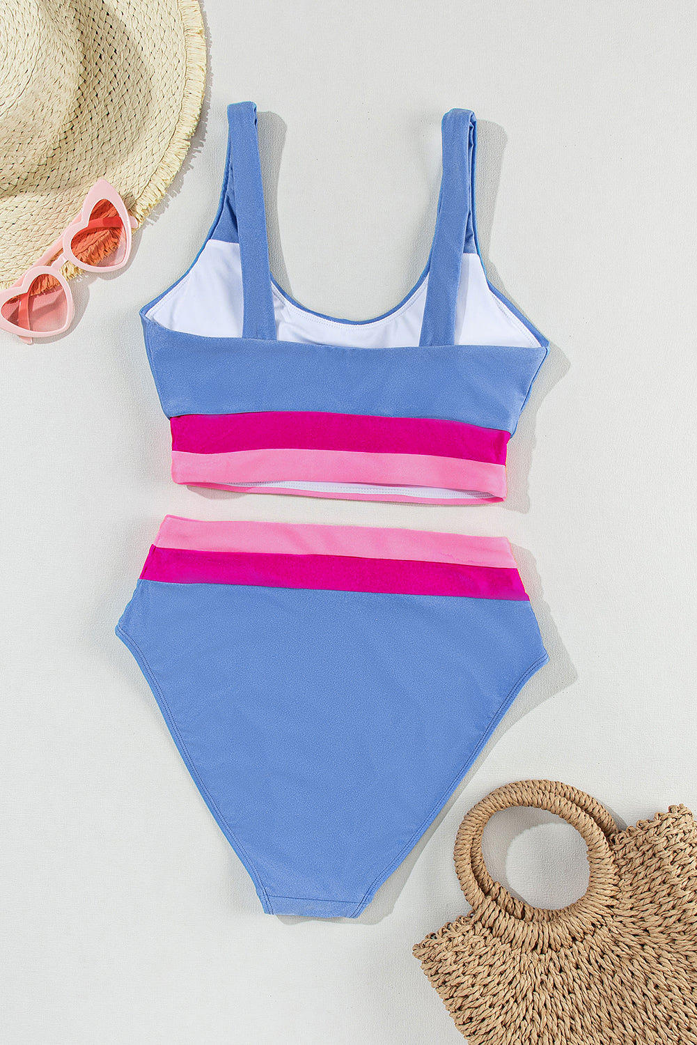 Hellblauer Colorblock-Bikini-Badeanzug mit hoher Taille