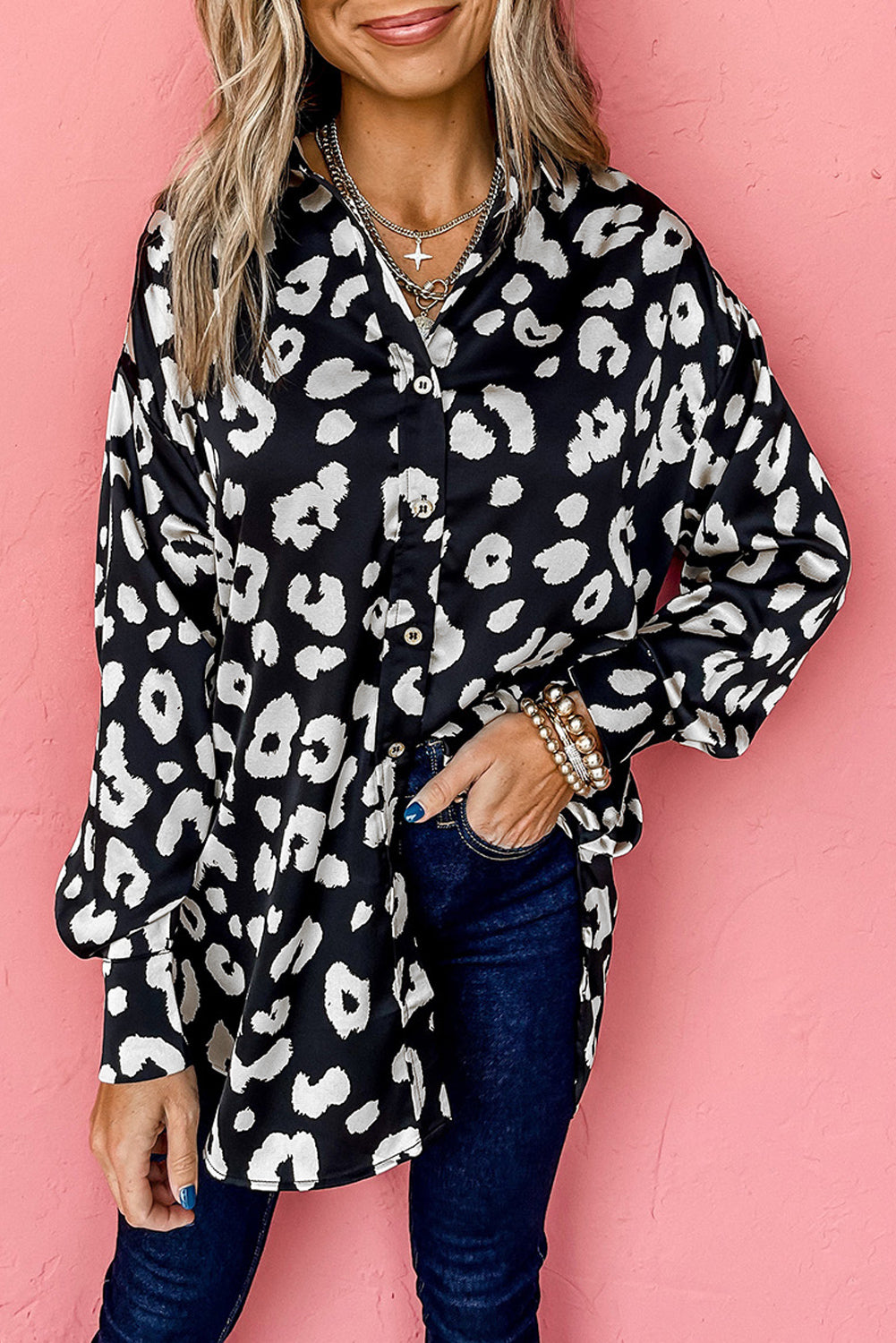 Camicia tunica con stampa leopardata nera