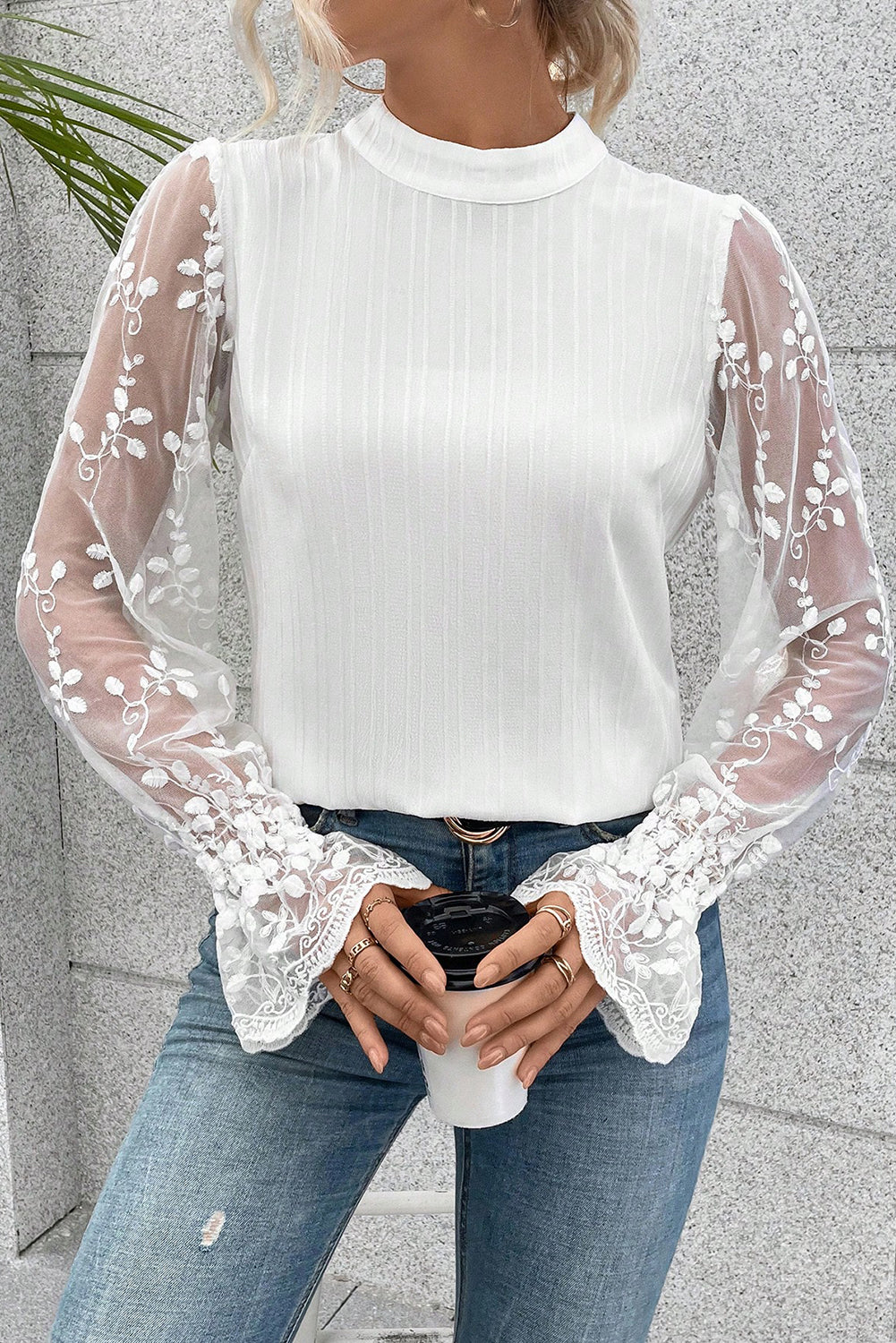 Apricot Pink Contrast Lace Sleeve Mock Neck Textured Blouse