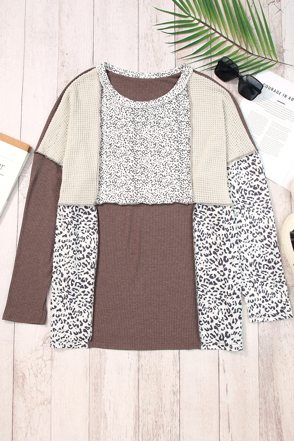 Haut patchwork en tricot texturé léopard color block