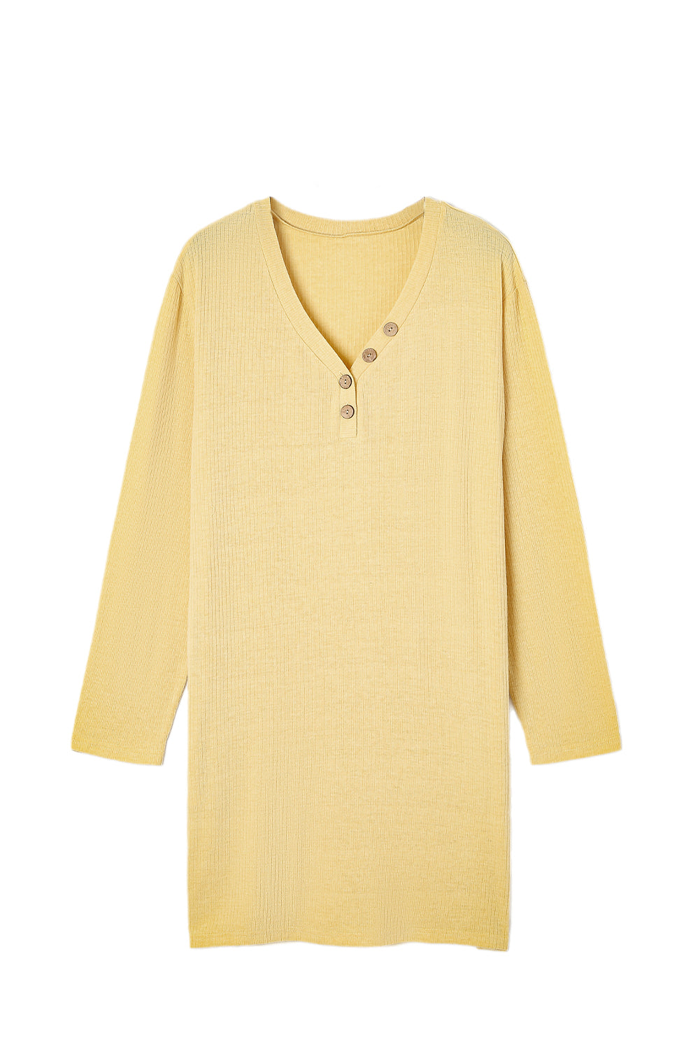 Gelbes, geripptes Henley-Kleid mit langen Ärmeln und Taschen in Übergröße