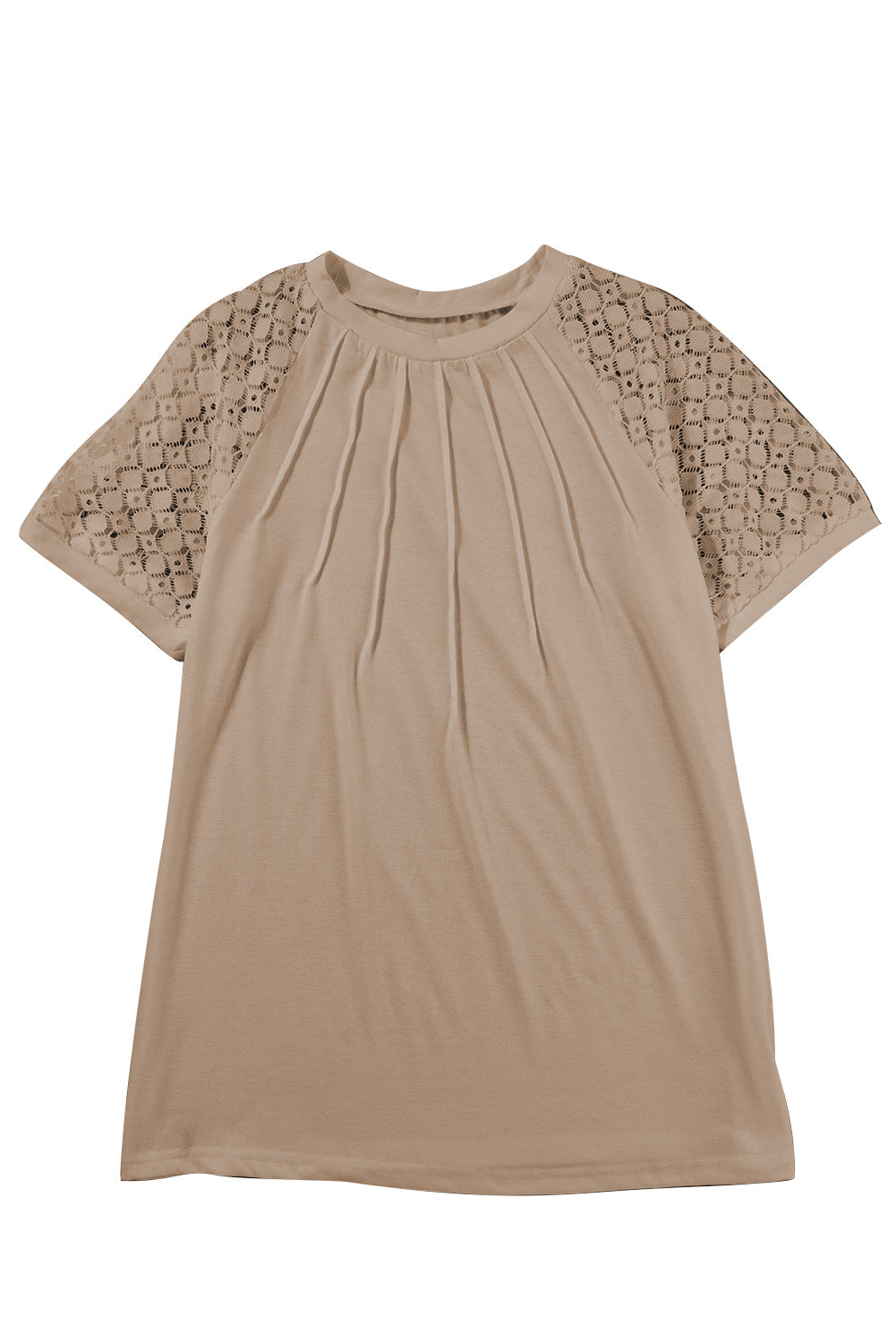 T-shirt à manches raglan en dentelle contrastée kaki pâle avec coutures contrastées