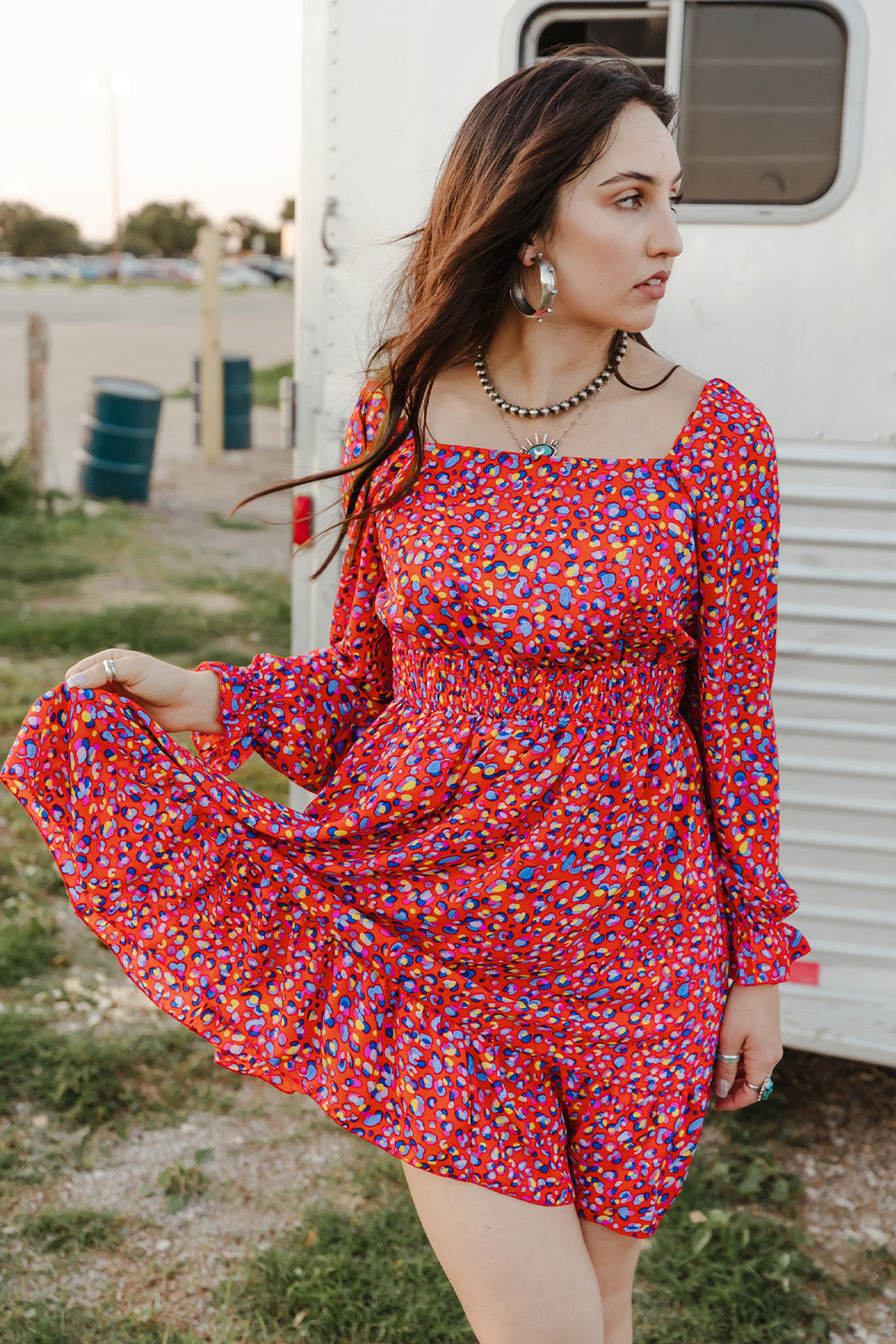 Fiery Red Square Neck Spring Floral Dress