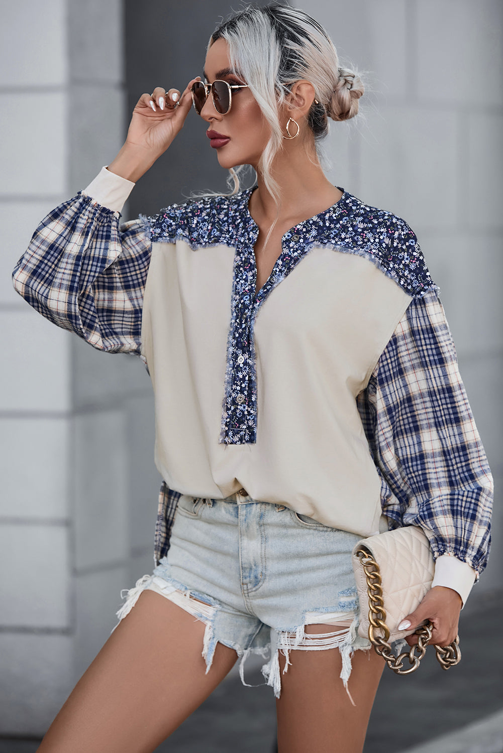 Yellow Floral Plaid Mixed Print Bishop Sleeve Patchwork Top