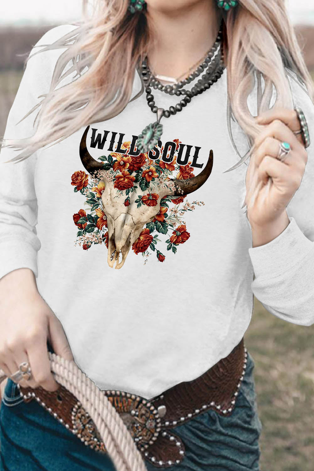 Sweatshirt s motivom spuštenih ramena Wild Soul s cvjetnim motivom Steer Head
