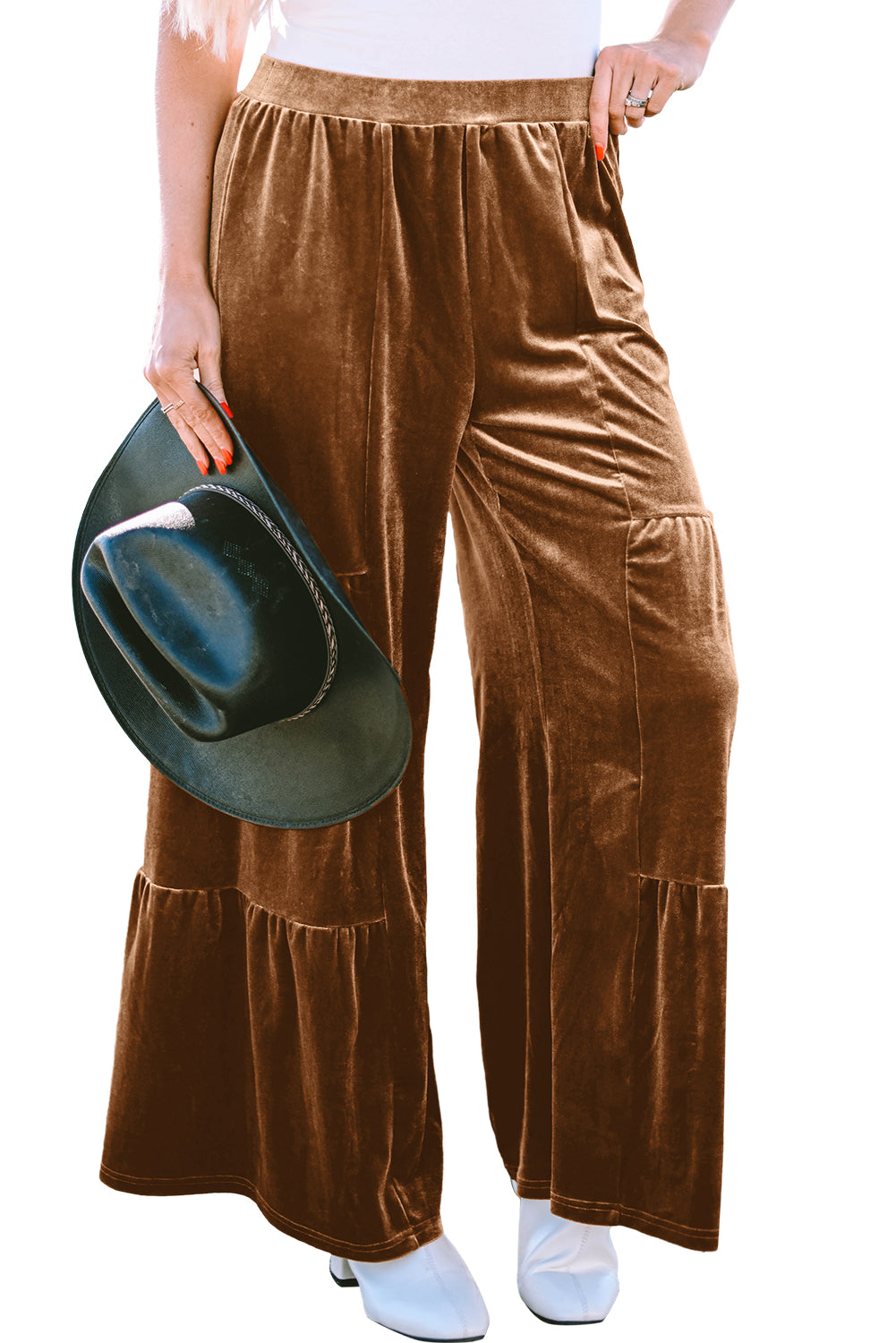 Pantalon large en velours marron à ourlet volanté