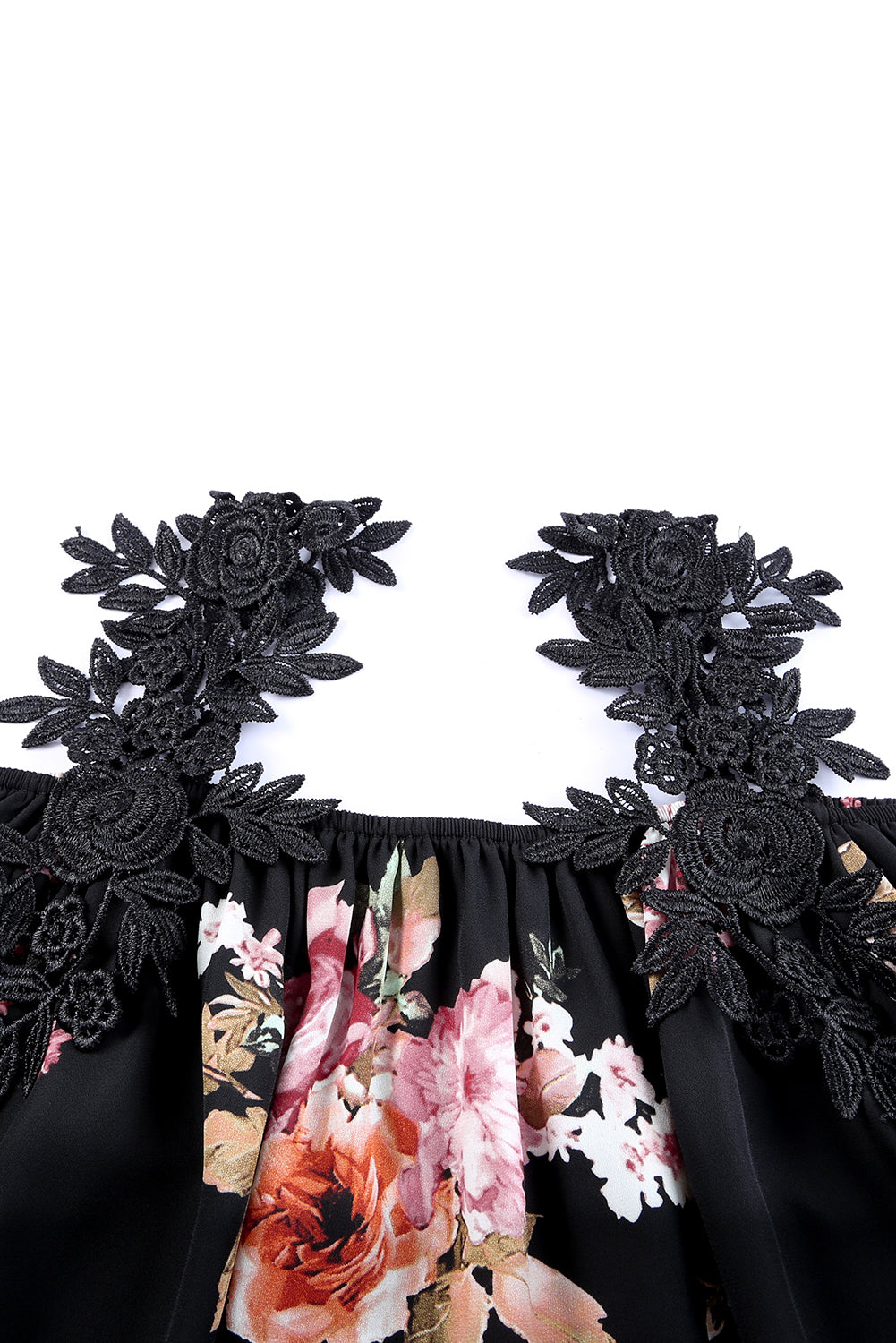 Black Floral Print Lace Patchwork Loose Cold Shoulder Blouse