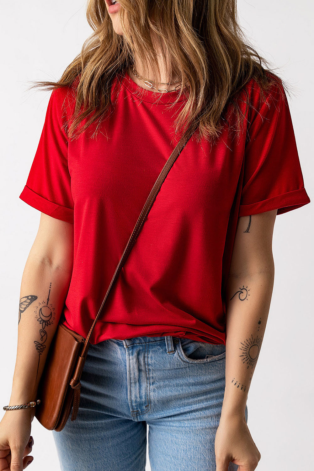 Feuriges, einfarbiges T-Shirt mit Rundhalsausschnitt in Rot