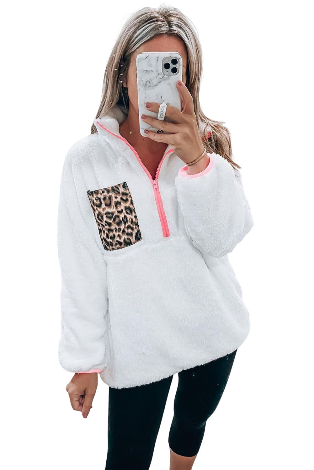 Sweat-shirt en polaire à demi-zippé et poche plaquée léopard blanc