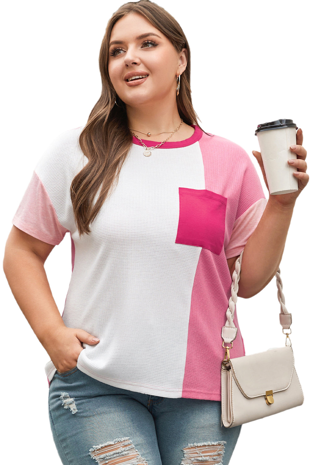 Peach Blossom Colorblock Patchwork majica velikih veličina