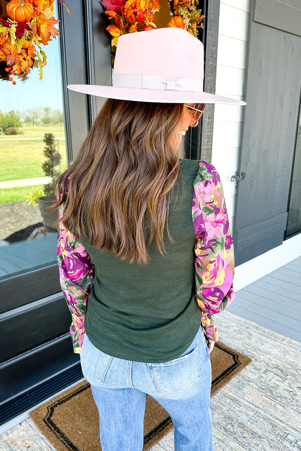 Mist Green Ribbed Frill Neck Floral Print Long Sleeve Top