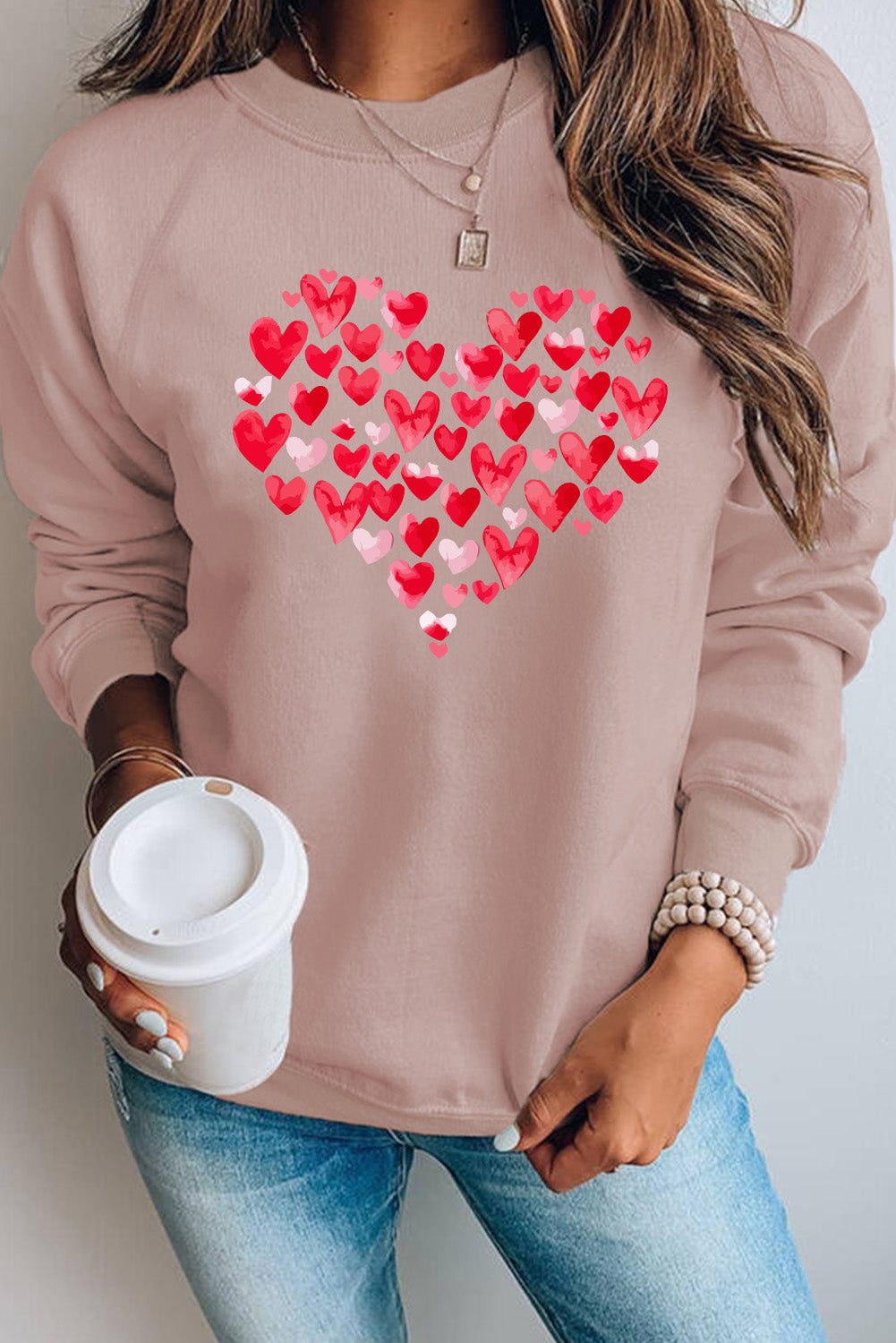 Pink Heart-shaped Print Crew Neck Long Sleeve Pullover Sweatshirt