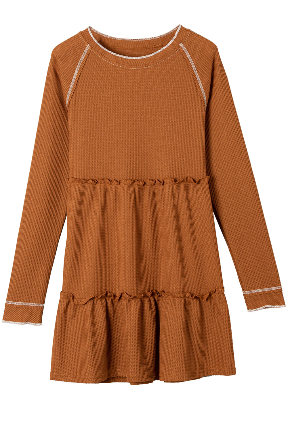 Chestnut Textured Tiered Ruffled Long Sleeve Mini Dress