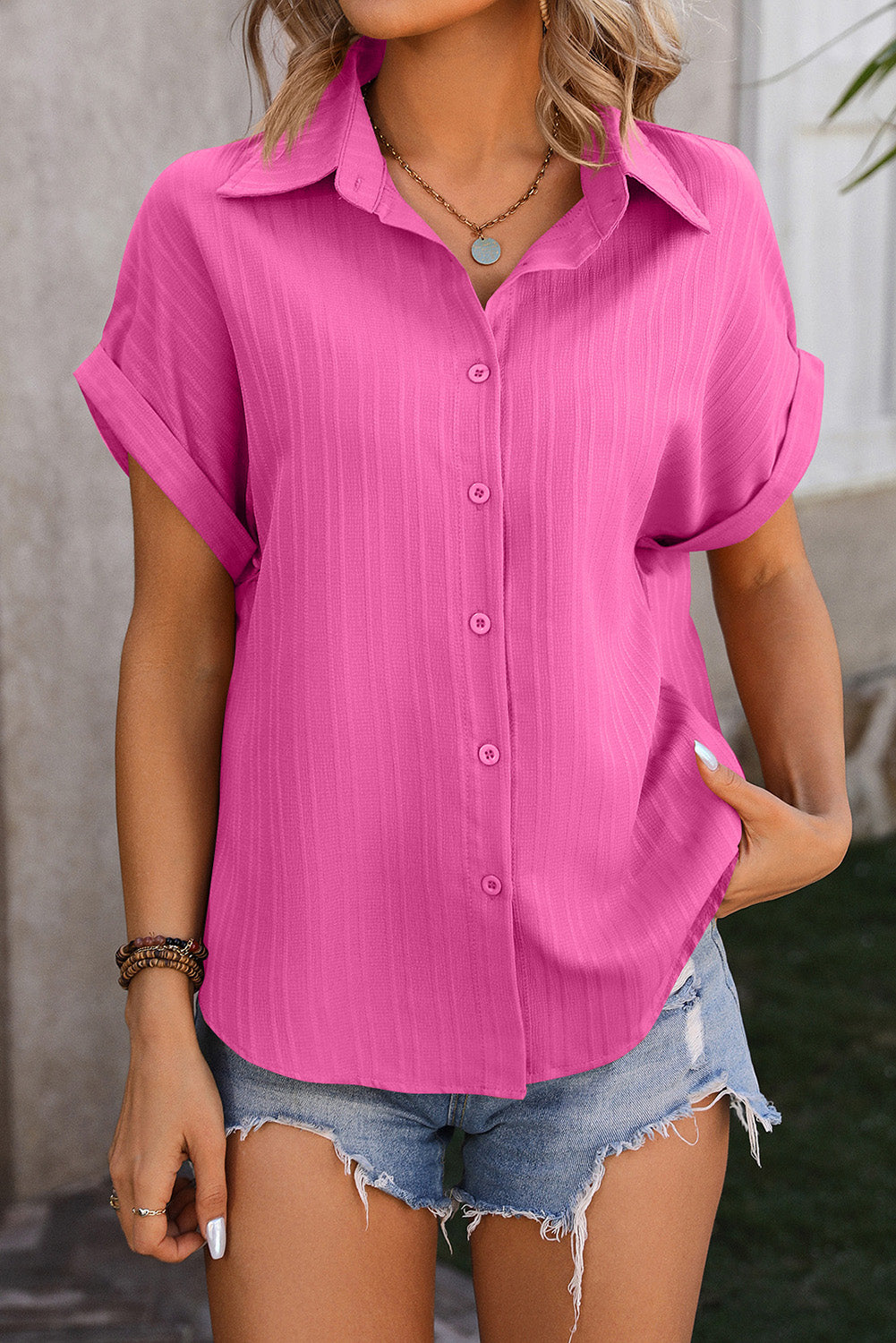 Bright Pink Striped Texture Cuffed Short Sleeve Shirt