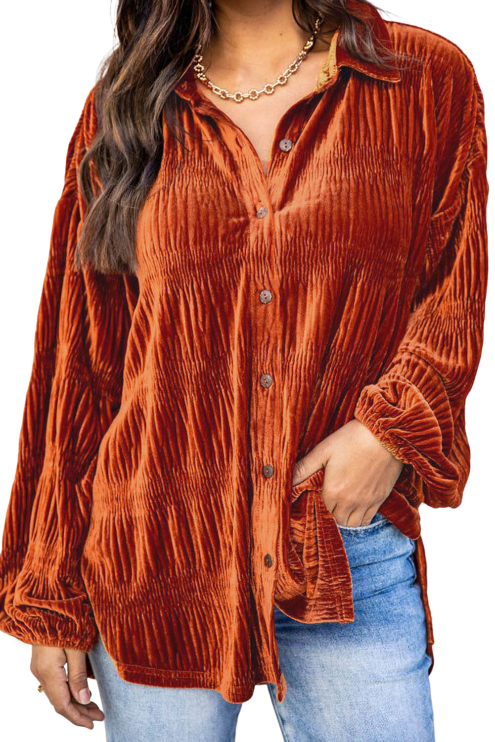 Chemise boutonnée en velours texturé de couleur unie marron