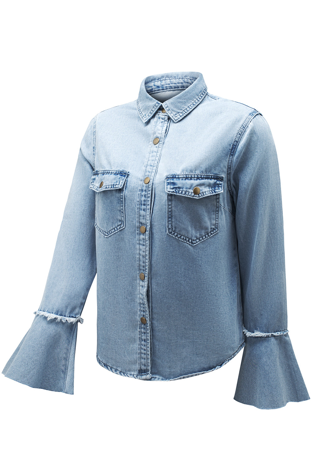 Himmelblaue, geknöpfte Jeansjacke mit Glockenärmeln und Brusttaschen