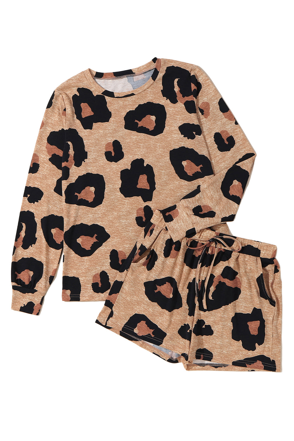 Completo casual con pullover a maniche lunghe e pantaloncini con stampa animalier leopardata
