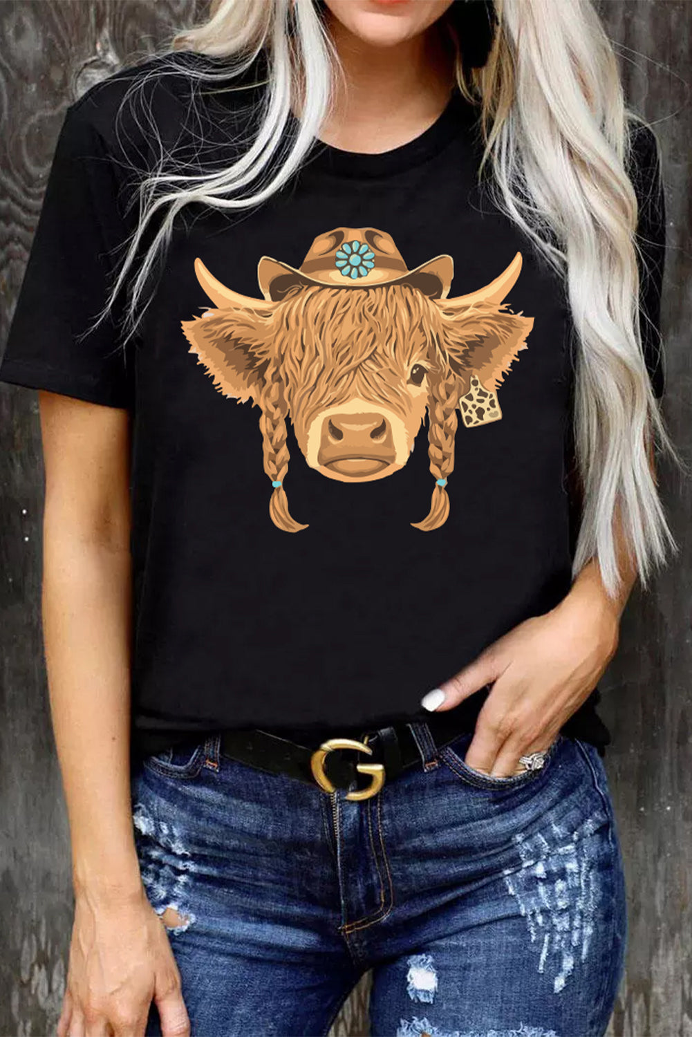 Schwarzes, modisches Baumwoll-T-Shirt mit Western-Heifer-Grafik