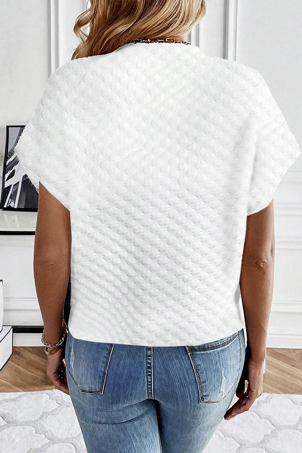 White Solid Color Textured Split Neck Short Sleeve Top