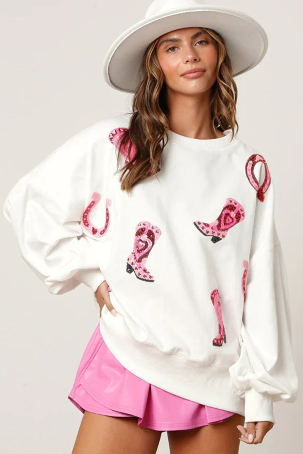Weißes Sweatshirt mit Pailletten-Western-Cowgirl-Stiefel-Grafik