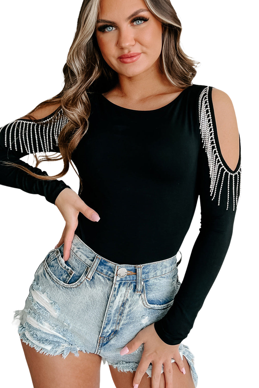 Black Rhinestone Fringed Cold Shoulder Long Sleeve Bodysuit